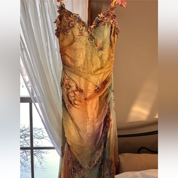 Vintage 100% Silk Dress Vintage Cache Rainbow Dress Prom Vintage Beaded Dress - Picture 5 of 17